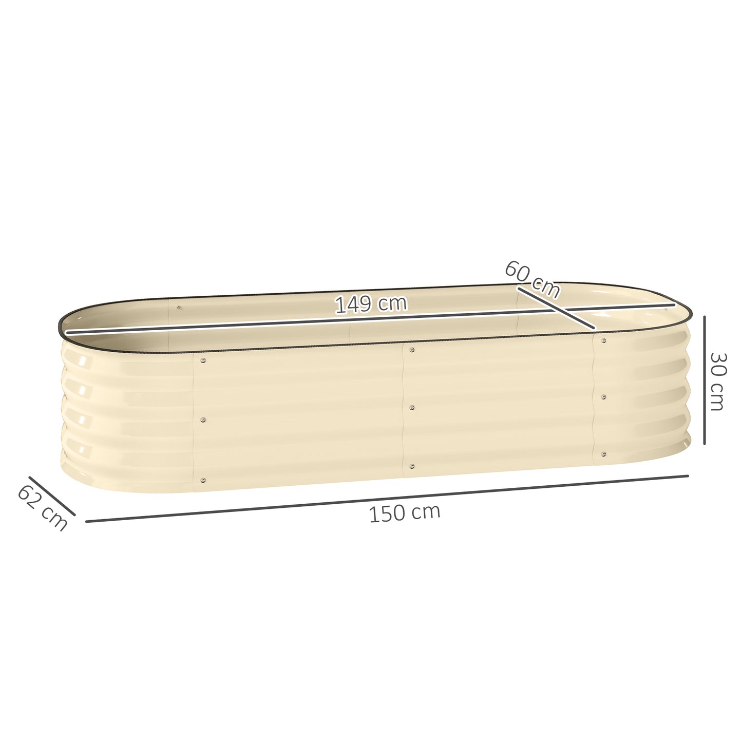 Flexible Galvanised Steel Raised Garden Bed | Safety Rubber Edging | Open Bottom | Configurable Round Oval or Oblong | 150x62x30cm | For Flowers Herbs & Succulents | Cream White
