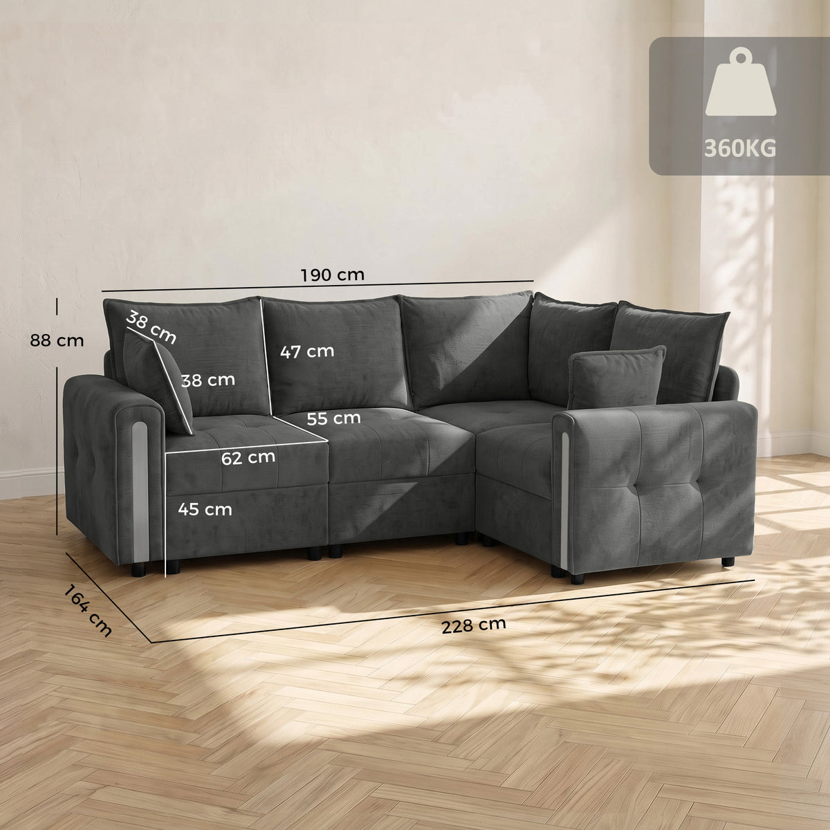 Reversible L-Shaped Corner Sofa | 228 x 164cm | 3-Seater with Lift-Up Storage & Velvet Upholstery | Dark Grey