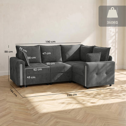 Reversible L-Shaped Corner Sofa | 228 x 164cm | 3-Seater with Lift-Up Storage & Velvet Upholstery | Dark Grey