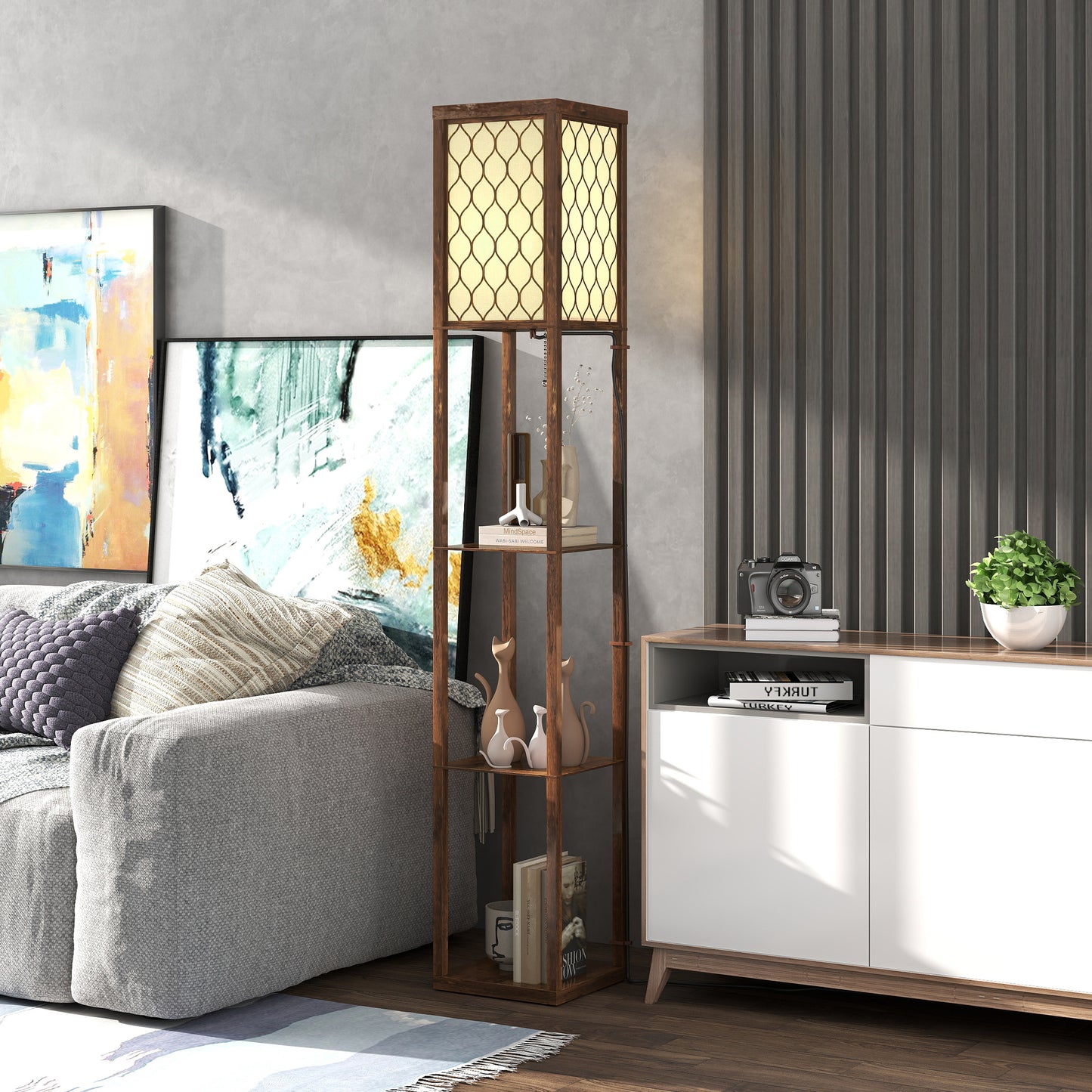 Three-Shelf Standing Lamp - Rustic Brown/White