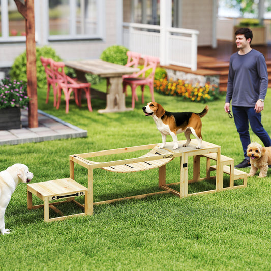 3-Piece Dog Agility Training Set | Flexible Bridge | Pause Platform | Pet Stairs | Solid Fir Wood | 50kg Per Piece | Suits Dogs Up to 40kg | Natural Wood Finish