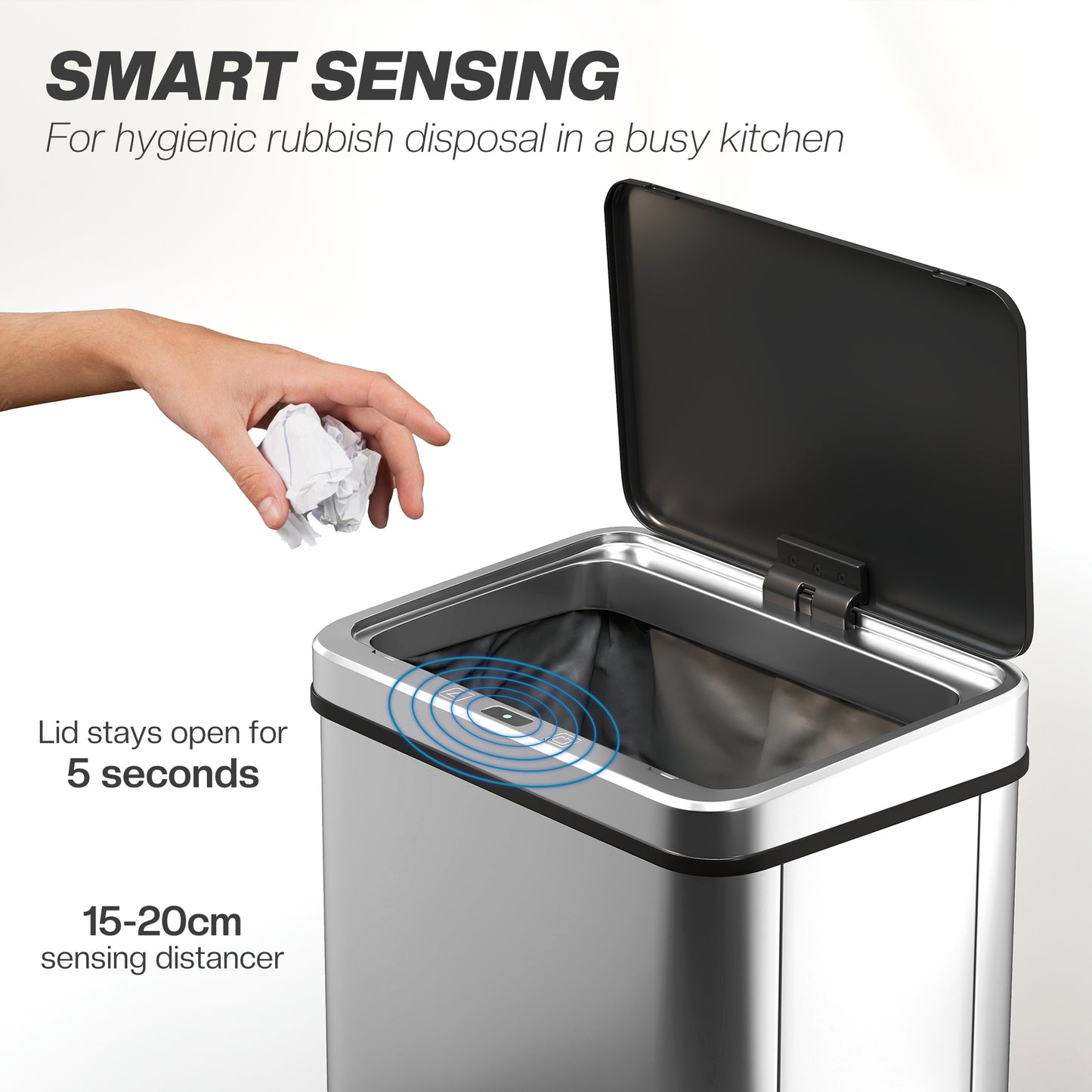 40L Sensor Bin with Quiet Soft-Close Lid, Automatic Touch-less Motion Sensor Kitchen Bin with Fingerprint Resistant Stainless Steel, Silver Tone