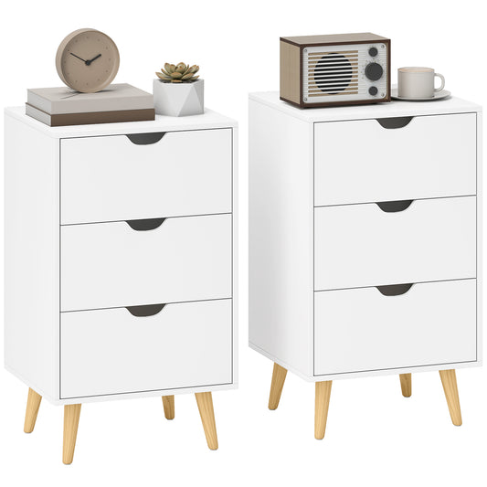 Set of 2 Bedside Tables | 3 Drawer Nightstand | Pine Legs | White