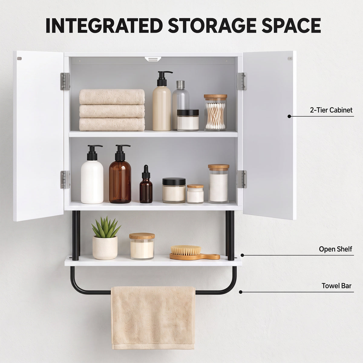 Bathroom Wall Cabinet | Double Doors | Open Shelf & Towel Rail | Wavy Door Style | Humidity-Resistant Painted MDF | 49 x 18 x 66cm | 30kg Capacity | Space-Saving Wall-Mounted | White