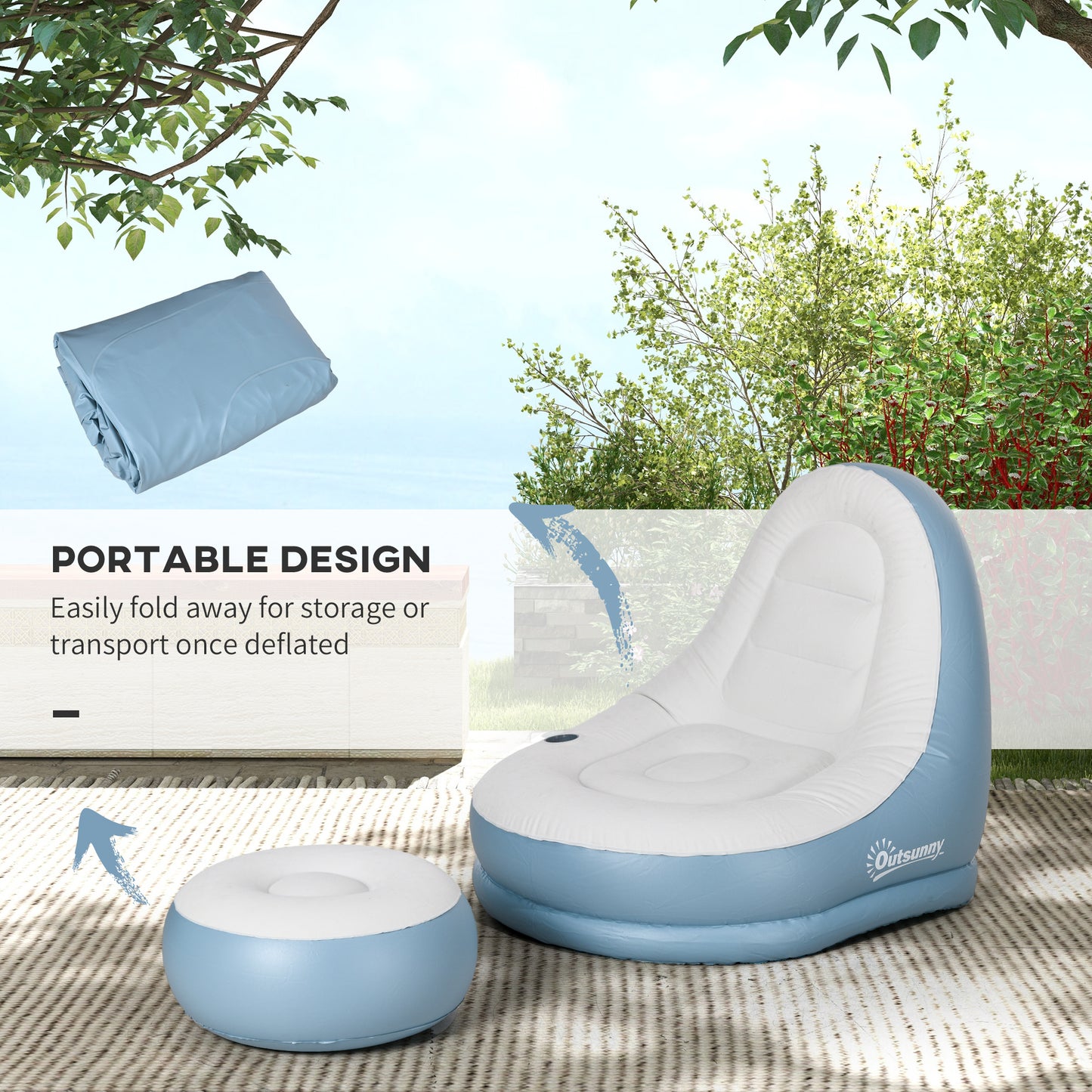 Outsunny Inflatable Tub Chair and Footstool Perfect for Camping - Blue/White