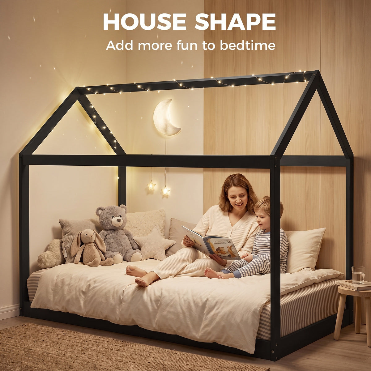 Single House Bed Frame | Pine Wood Kids Bed with Roof Frame, 15 Slats & 120 kg Capacity | 90 x 190 cm Mattress | Black