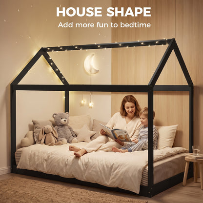 Single House Bed Frame | Pine Wood Kids Bed with Roof Frame, 15 Slats & 120 kg Capacity | 90 x 190 cm Mattress | Black