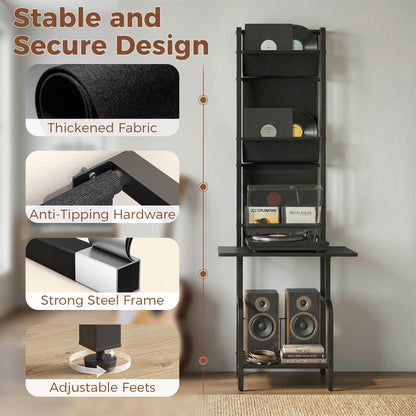 Vinyl Record Player Stand | 4 Oxford Fabric Sling Shelves | 40 CD Capacity | Industrial Black Metal Frame | Anti-Tip Hardware | Adjustable Feet | 23kg Total Capacity | 50x48.5x144cm | Black