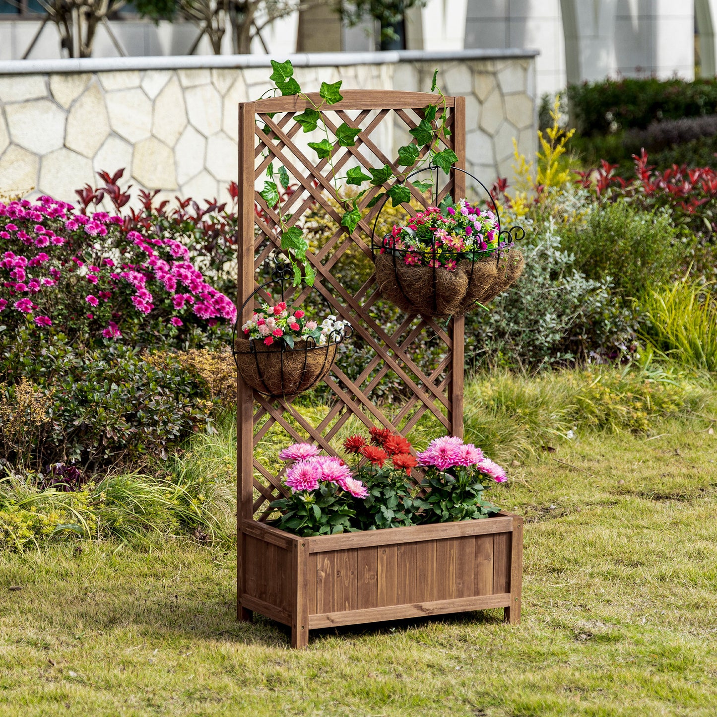 Fir Wood Raised Garden Bed with Lattice Trellis | 53.5x24cm Planting Area | Year-Round Outdoor Use | Climbing Plants Flowers Fruits & Herbs | Brown