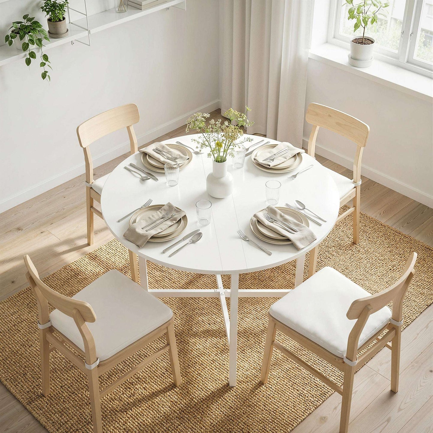 Drop Leaf Folding Dining Table | Round Top | 3 Modes | Folds to 11.5cm | Melamine Waterproof Top | Steel Frame | 30kg | White