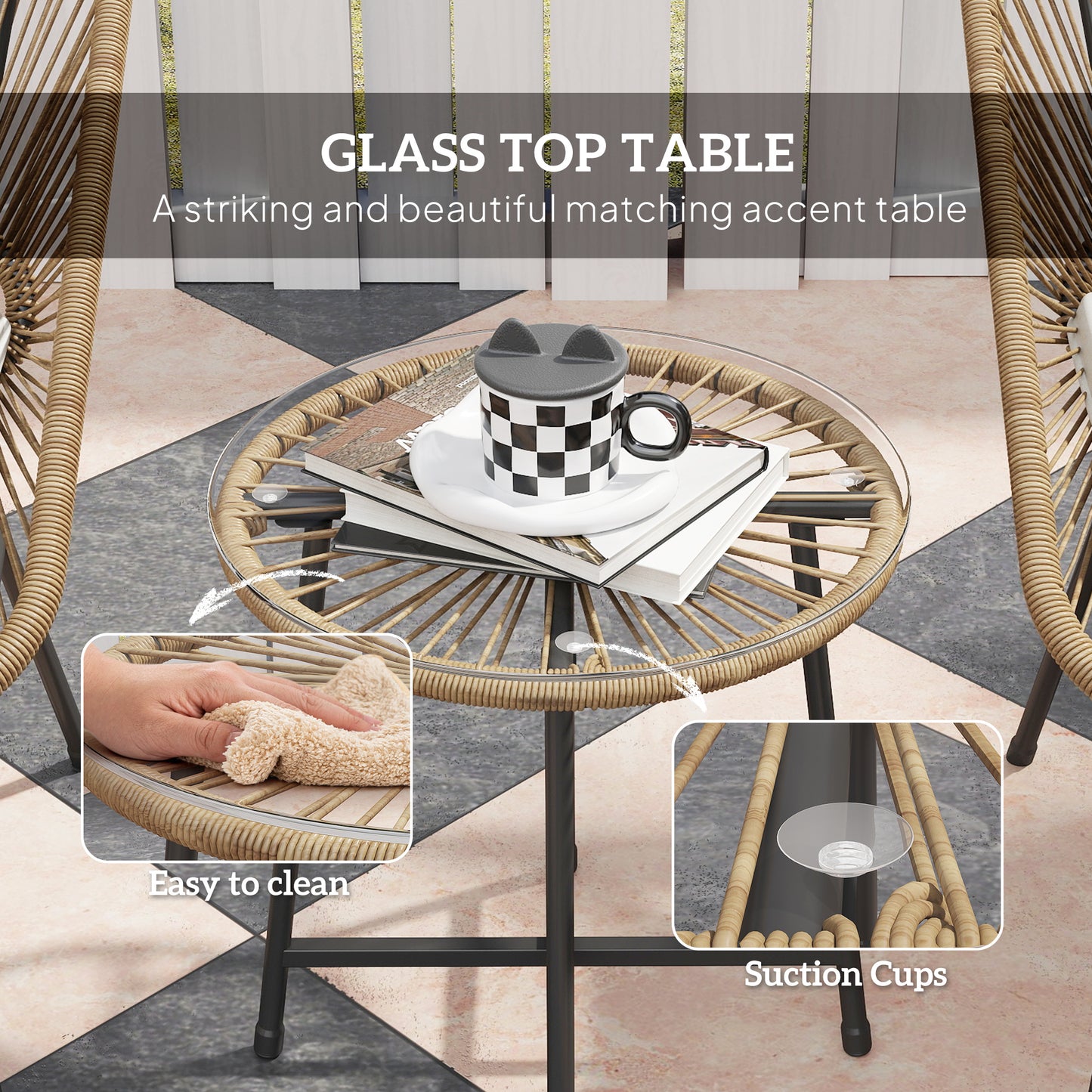 3 Pieces Rattan Bistro Set, Wicker Small Garden Table and Chairs Set with Cushions and Glass Top Coffee Table, Bistro Garden Furniture Set, Natural