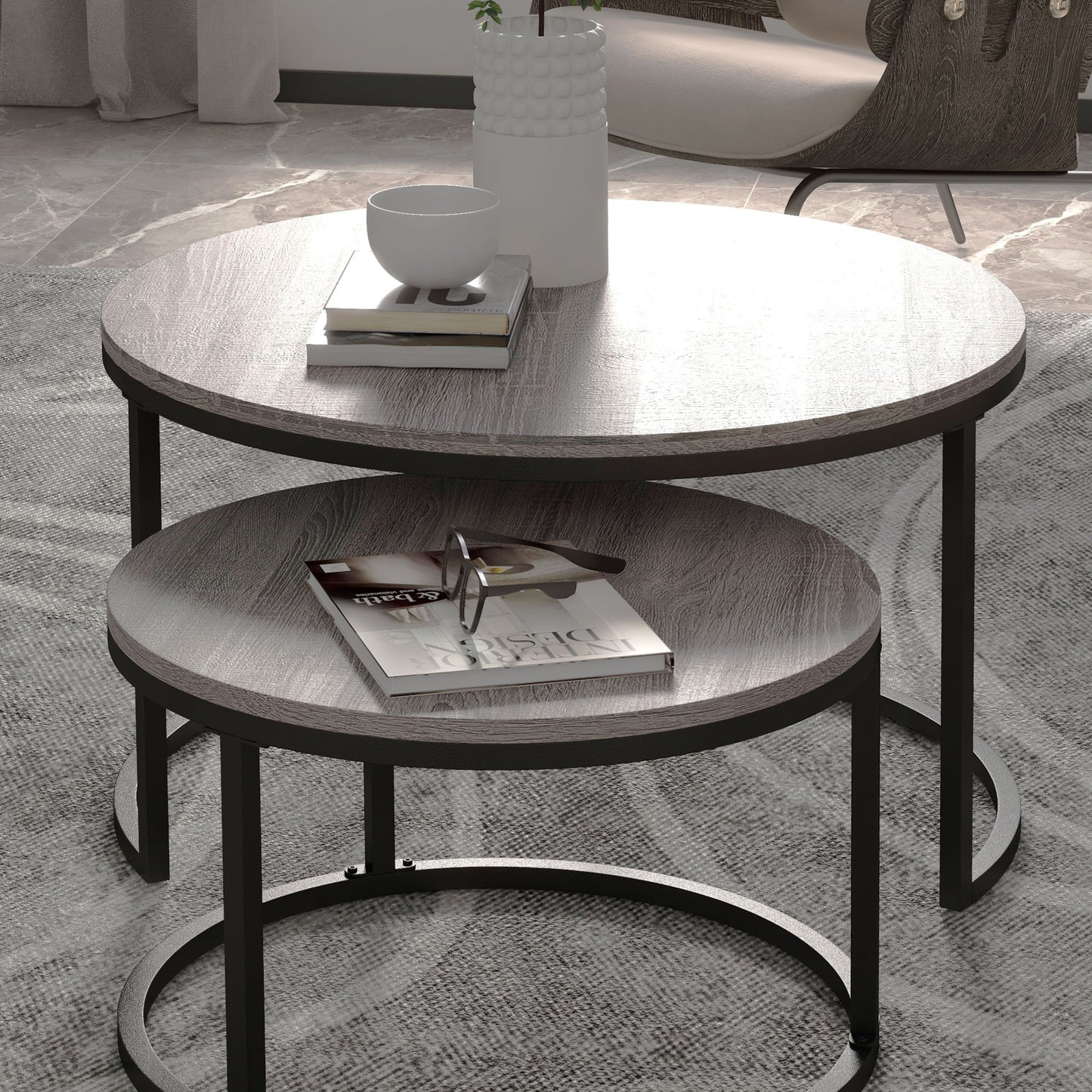 Industrial Nesting Coffee Table Set of 2, Round Coffee Tables, Living Room Table with Wood Effect Top and Steel Frame