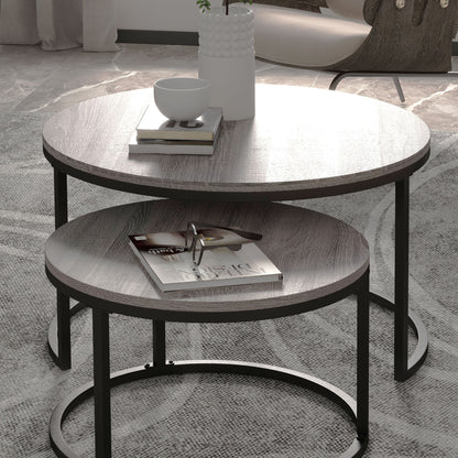 Industrial Nesting Coffee Table Set of 2, Round Coffee Tables, Living Room Table with Wood Effect Top and Steel Frame