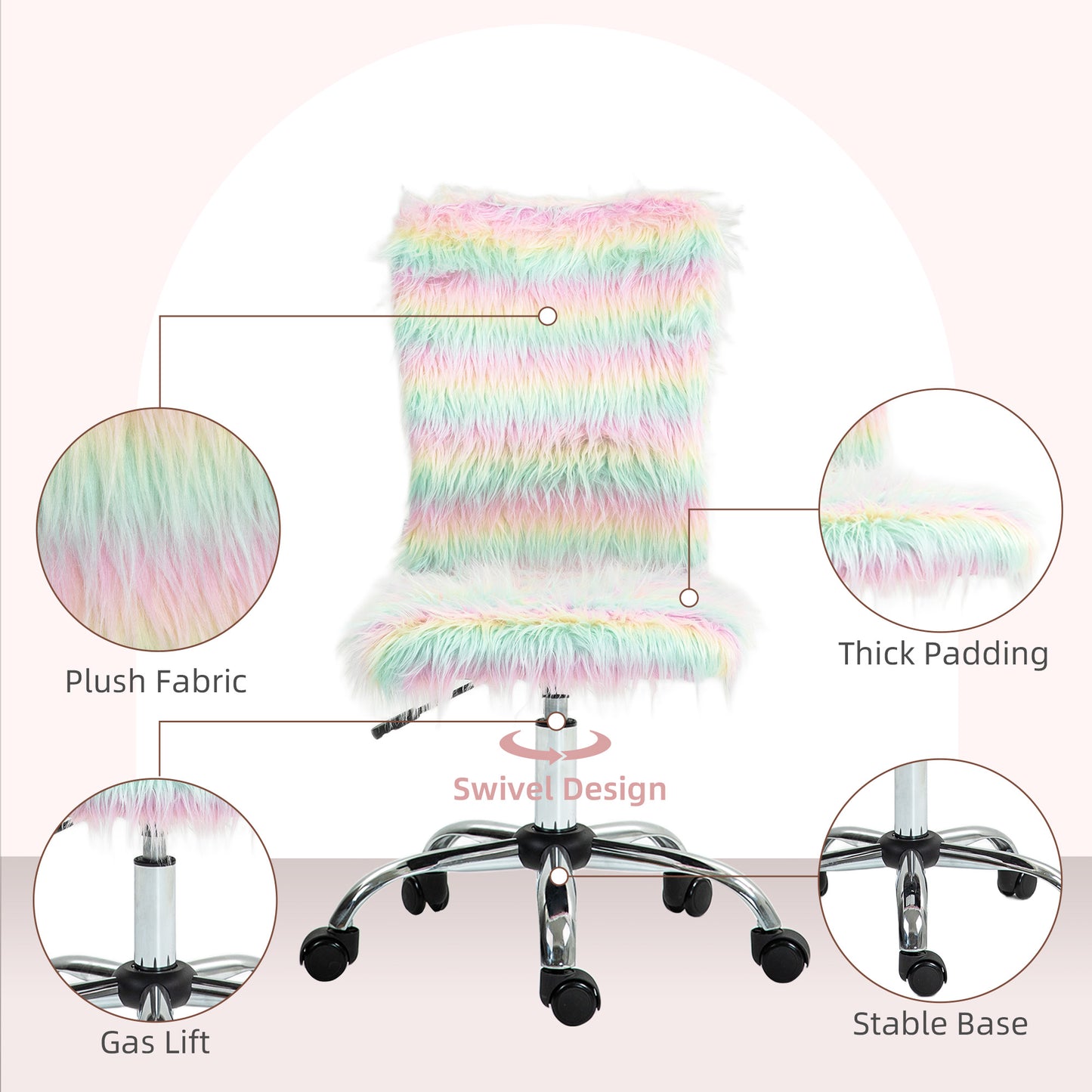 Armless Computer Desk Chair, Fluffy Fabric Swivel Office Chair, Makeup Vanity Chair with Height Adjustable, Wheels, Unicorn Tone