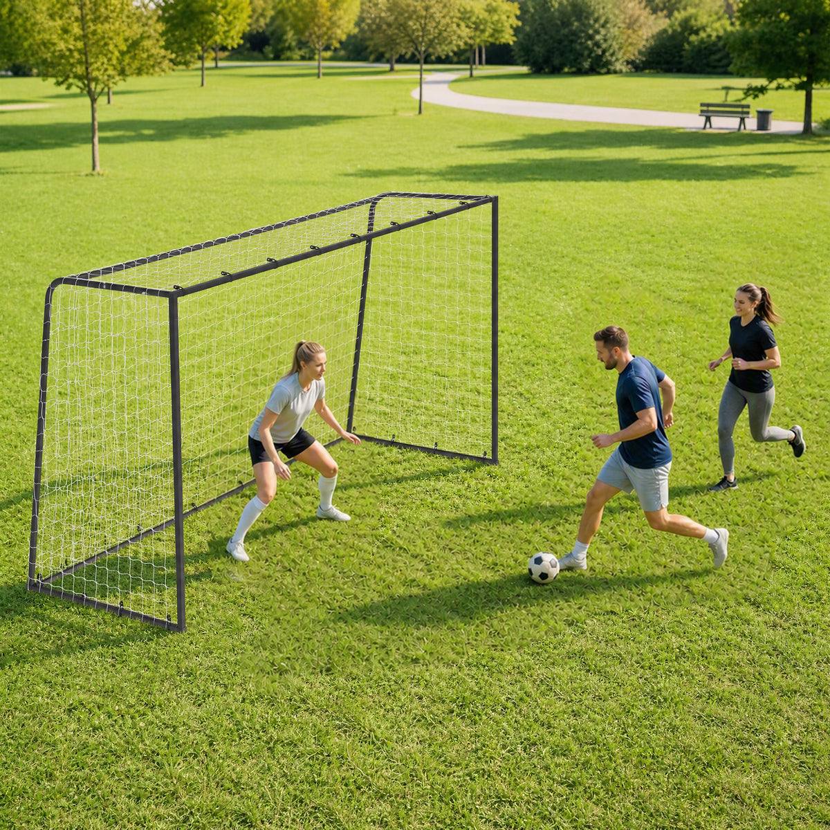 10 x 6.5ft Football Goal | 300x152x200cm | 32mm Painted Metal Frame | Polyester Net 300x280cm | 10x10cm Mesh | 36 Bungee Cords | 4 U-Stakes | Outdoor Garden | Age 5+ | Black