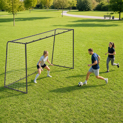 10 x 6.5ft Football Goal | 300x152x200cm | 32mm Painted Metal Frame | Polyester Net 300x280cm | 10x10cm Mesh | 36 Bungee Cords | 4 U-Stakes | Outdoor Garden | Age 5+ | Black