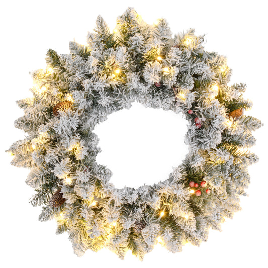 60cm Pre-Lit Christmas Wreath for Front Door with LED Lights, Pine Cones and Red Berries, Flocked Winter Wreath for Windows, Wall Decoration, Green