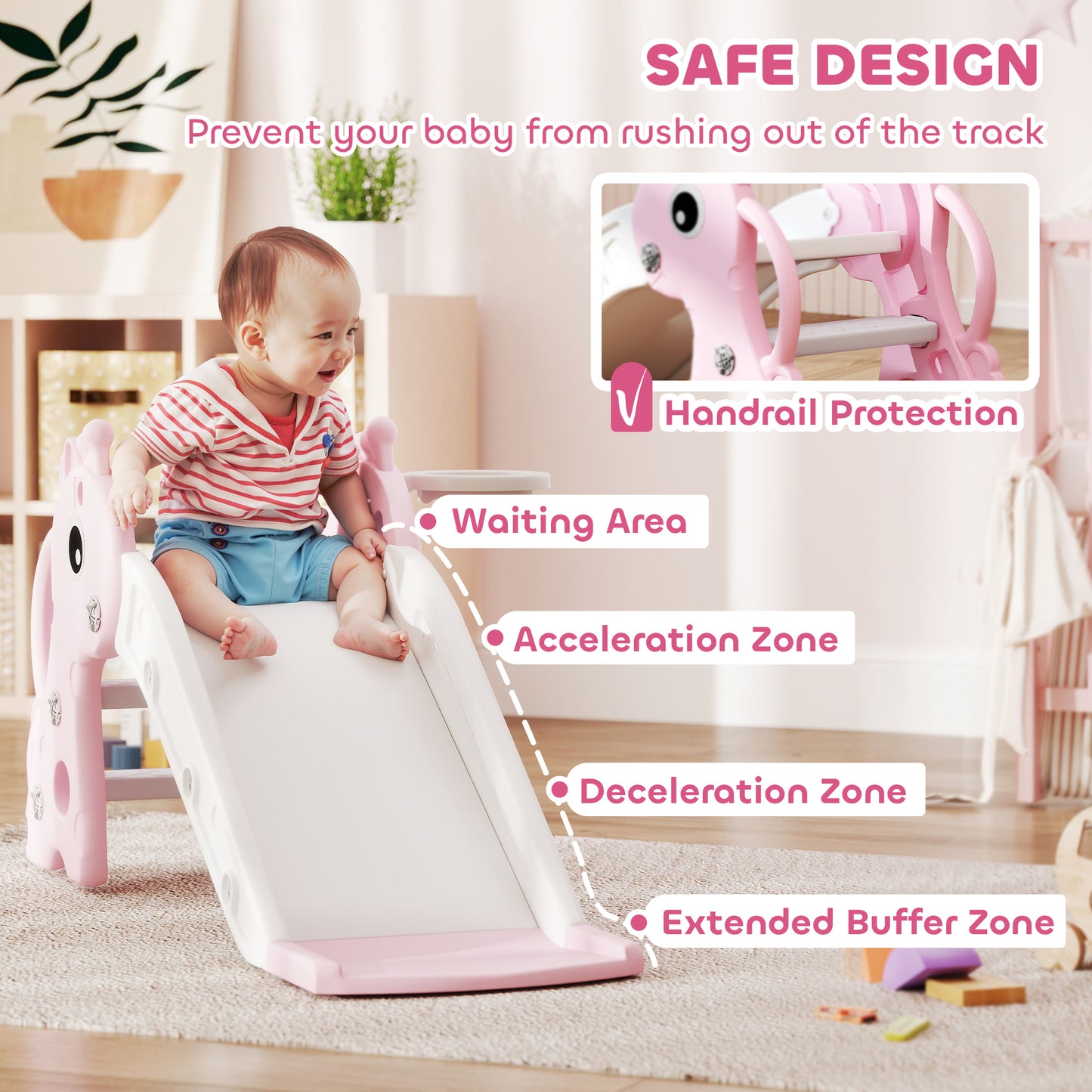 AIYAPLAY 3 in 1 Kids Slide with Climber, Basketball Hoop and Ball, Giraffe Shape Climber Slide for Indoor Kids Age 1-3, Pink