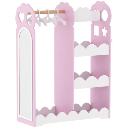 Kids Wardrobe with Full-Length Mirror | Clothes Rail | Open Shelves & Bottom Storage | P2 MDF | Acrylic Mirror | Pink Cloud-Print Design | 81x34x110cm | 10kg Shelf & 5kg Rail | Ages 3–12 | Pink