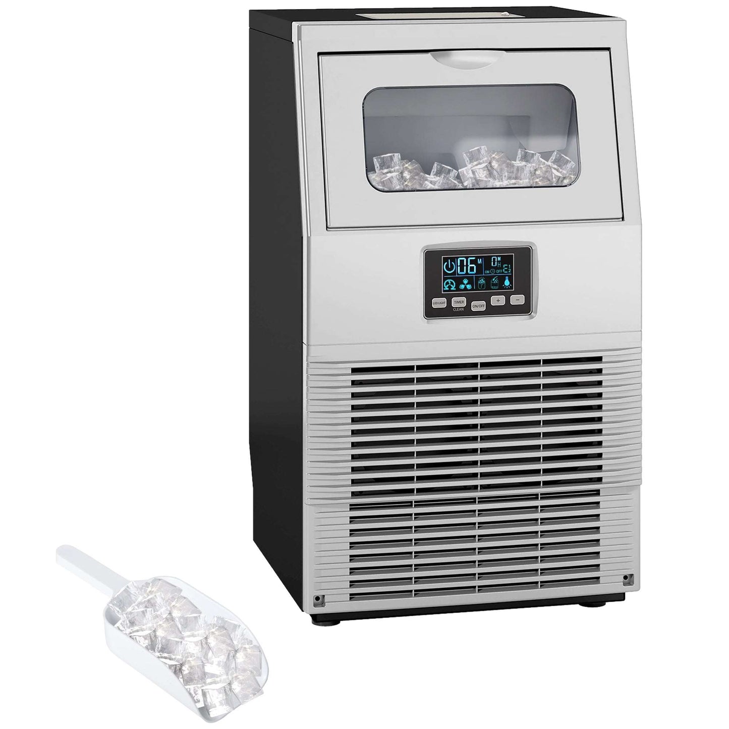 Commercial Industrial Ice Cube Maker Machine, Freestanding with Digital Control, Ice Scoop, Self-cleaning, 4kg Ice Storage, 30kg/24 Hours