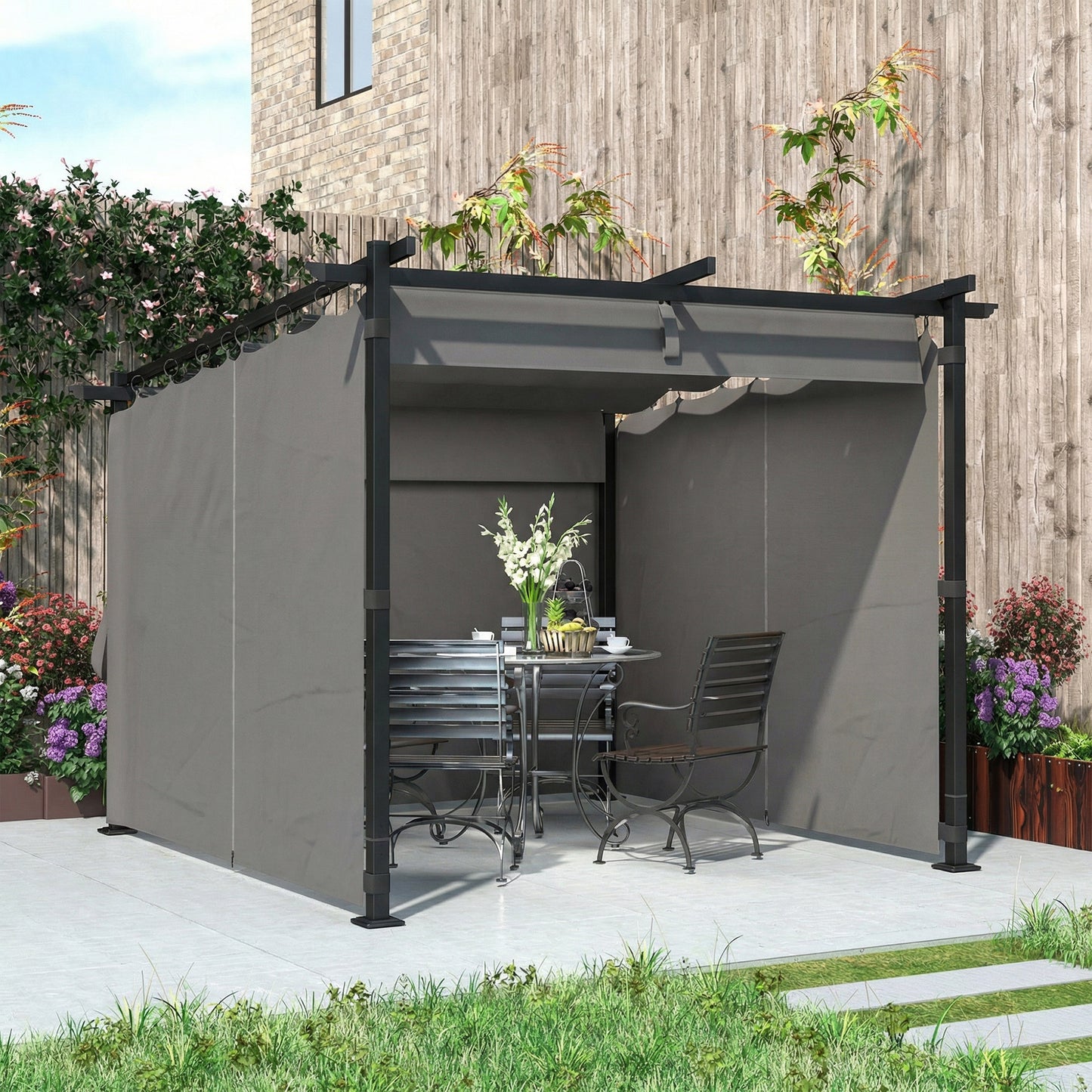 3x3m Retractable Roof Garden Pergola with 3 Side Curtains | UPF30+ Splash-Proof Canopy | Powder-Coated Metal Frame | Windproof Level 5-6 | Snow Load Rated | Ground Stakes | Light Grey