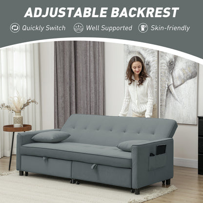 Three-Person Velvet-Feel Sofa Bed - Grey