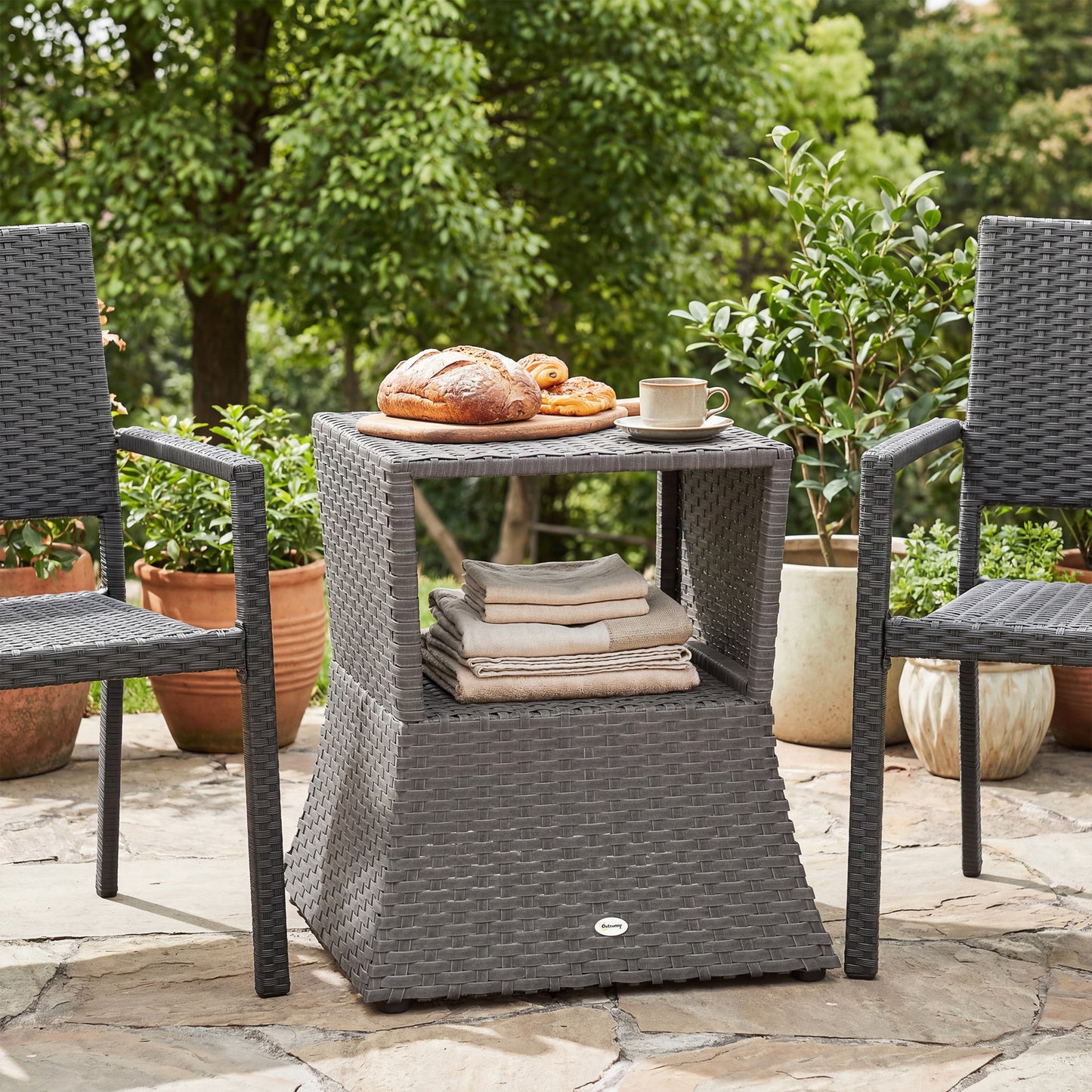 Rattan Garden Bistro Coffee Table | 54x54x55cm | Umbrella Hole 38mm | Open Storage Shelf | PE Wicker Metal Frame | 30kg | Dark Grey