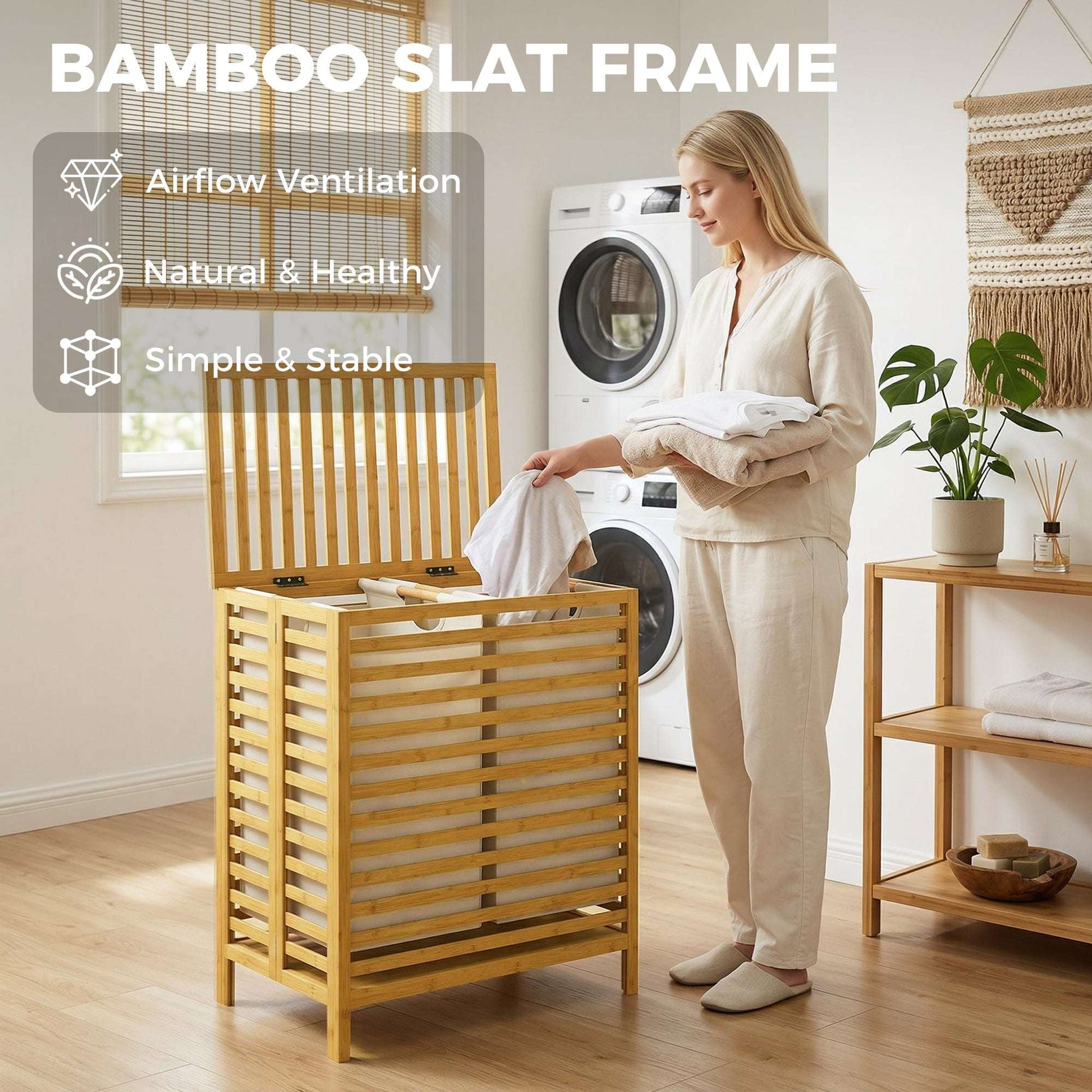 Bamboo Laundry Basket | Double 64L | 2 Washable Oxford Bags | Lid | Top Shelf | Foldable | 30kg | Natural & Cream White