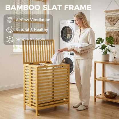 Bamboo Laundry Basket | Double 64L | 2 Washable Oxford Bags | Lid | Top Shelf | Foldable | 30kg | Natural & Cream White