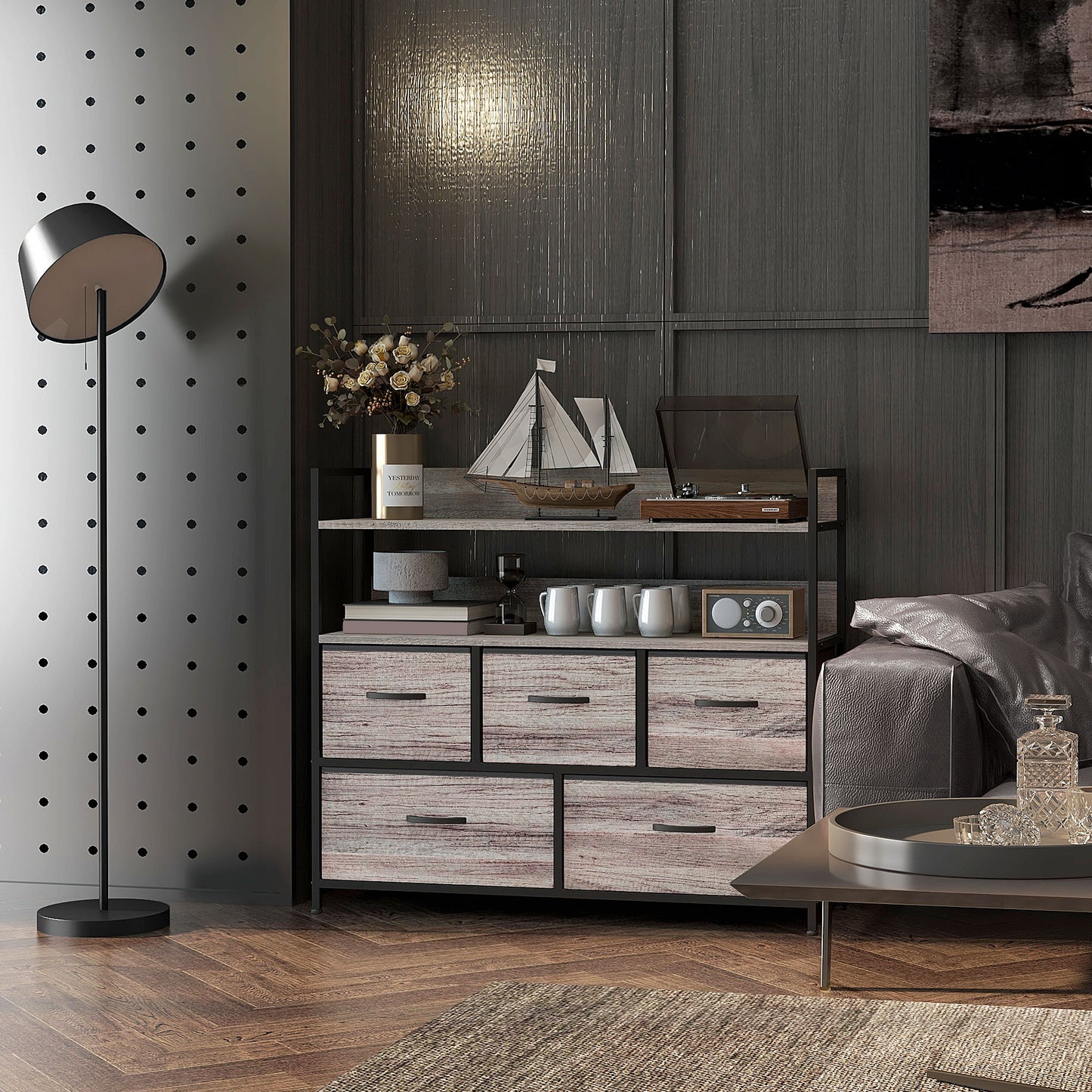 Retro Style Rustic Chest of Five Fabric Drawers - Grey Wood Effect