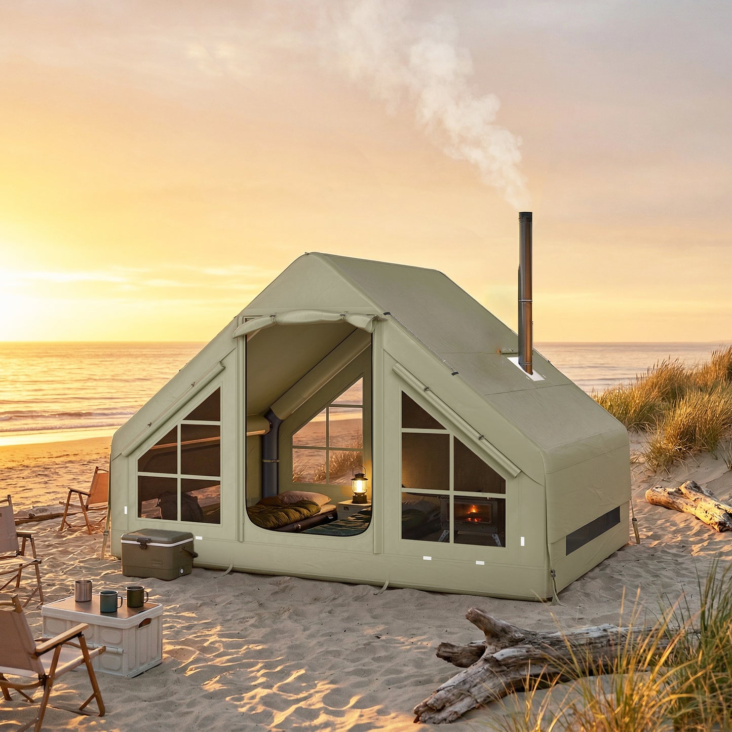 Outsunny Inflatable Camping Tent with Pump and Stove Jack Hole, Luxury Inflatable Tent with Mesh Windows, Doors, Olive Green