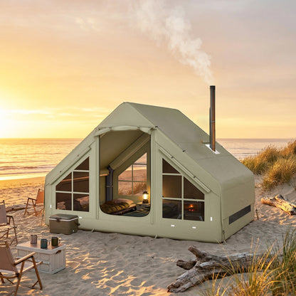 Outsunny Inflatable Camping Tent with Pump and Stove Jack Hole, Luxury Inflatable Tent with Mesh Windows, Doors, Olive Green