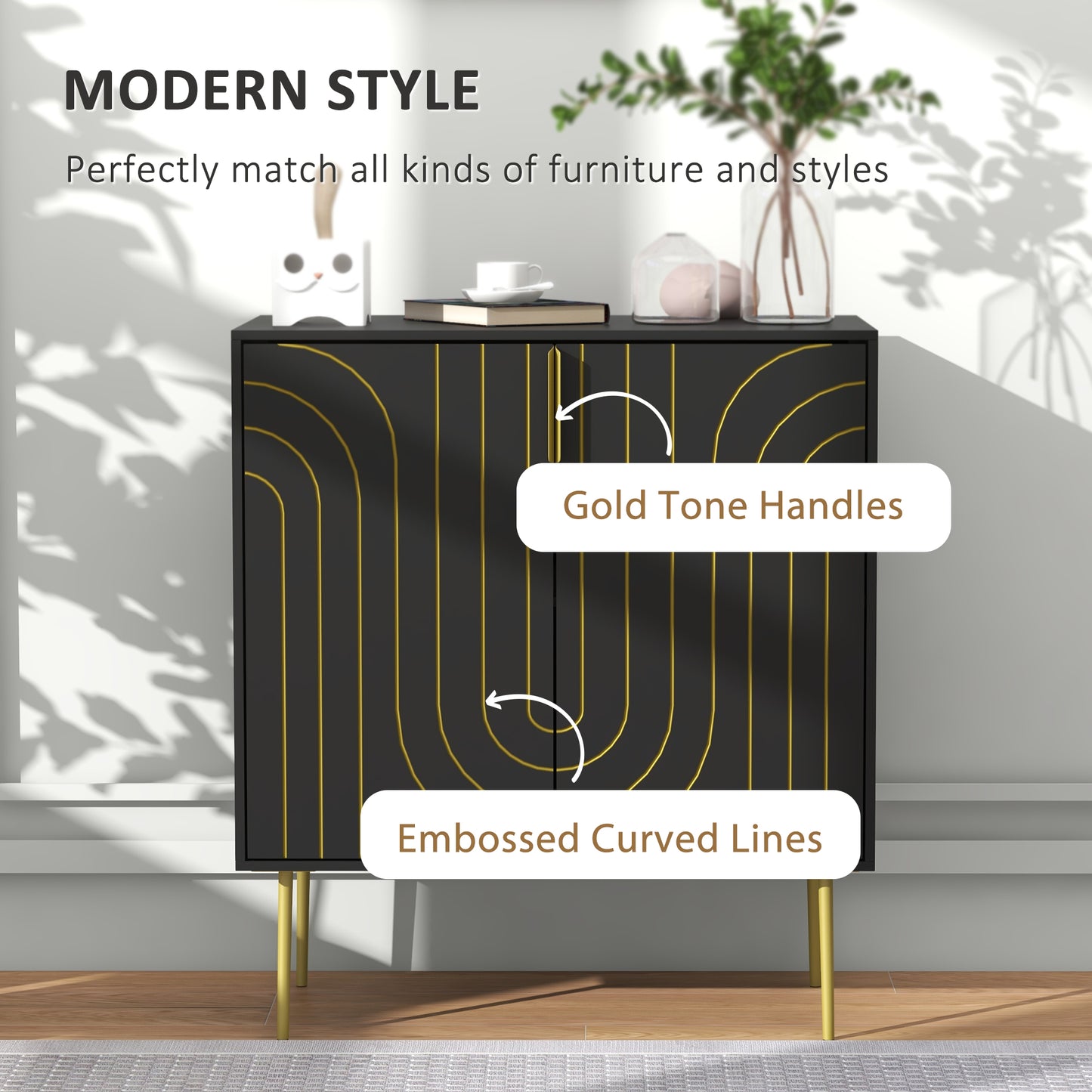 Art Deco Inspired Sideboard Cabinet With Adjustable Shelf - Black/Gold Tone