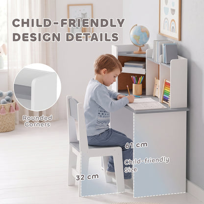 Kids Desk and Chair Set | Adjustable Tablet Stand | Cork Board | Pen Holder | 3-Tier Bookshelf | Upper Cubbies & Cabinets | E1 MDF | Rounded Corners | Anti-Tip | 90x39x95cm Table | Ages 3–12 | Grey & Pink