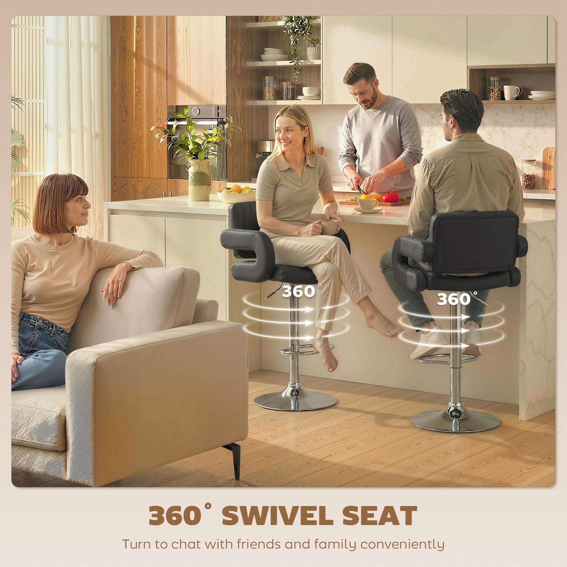 Bar Stools Adjustable Swivel Kitchen Chairs with Backrest Armrest Set of 2 PU Leather Black
