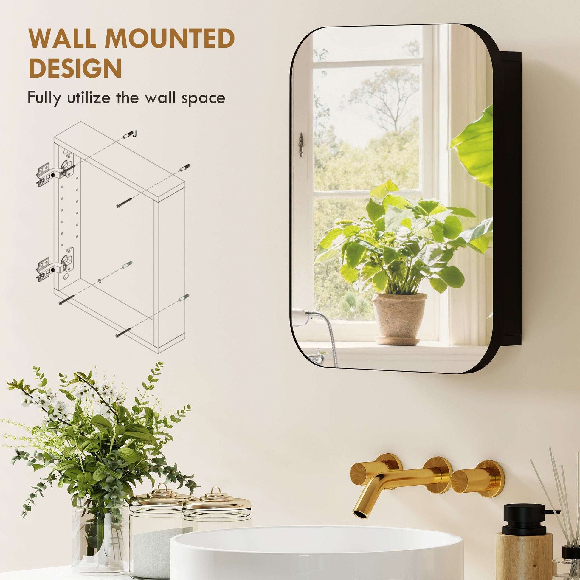 Bathroom Mirror Cabinet | Wall Mounted | 2 Adjustable Shelves | Soft Close Hinges | Arc Mirror | 40x10x51cm | 6kg | Black