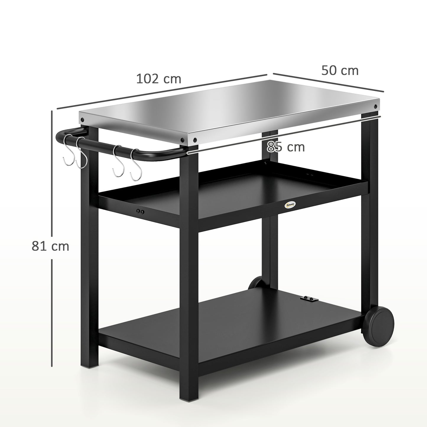 Outdoor Grill Dining Cart 3-Shelf Movable Pizza Oven Table Stand with Stainless Steel Top, Portable BBQ Trolley Food Prep Outdoor Kitchen BBQ Station
