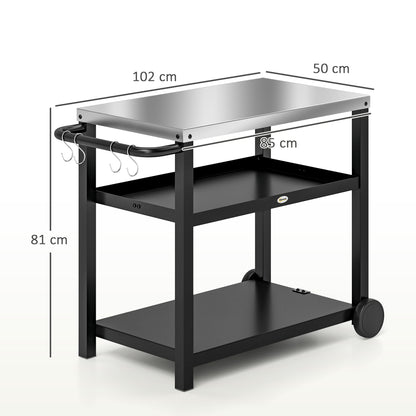 Outdoor Grill Dining Cart 3-Shelf Movable Pizza Oven Table Stand with Stainless Steel Top, Portable BBQ Trolley Food Prep Outdoor Kitchen BBQ Station