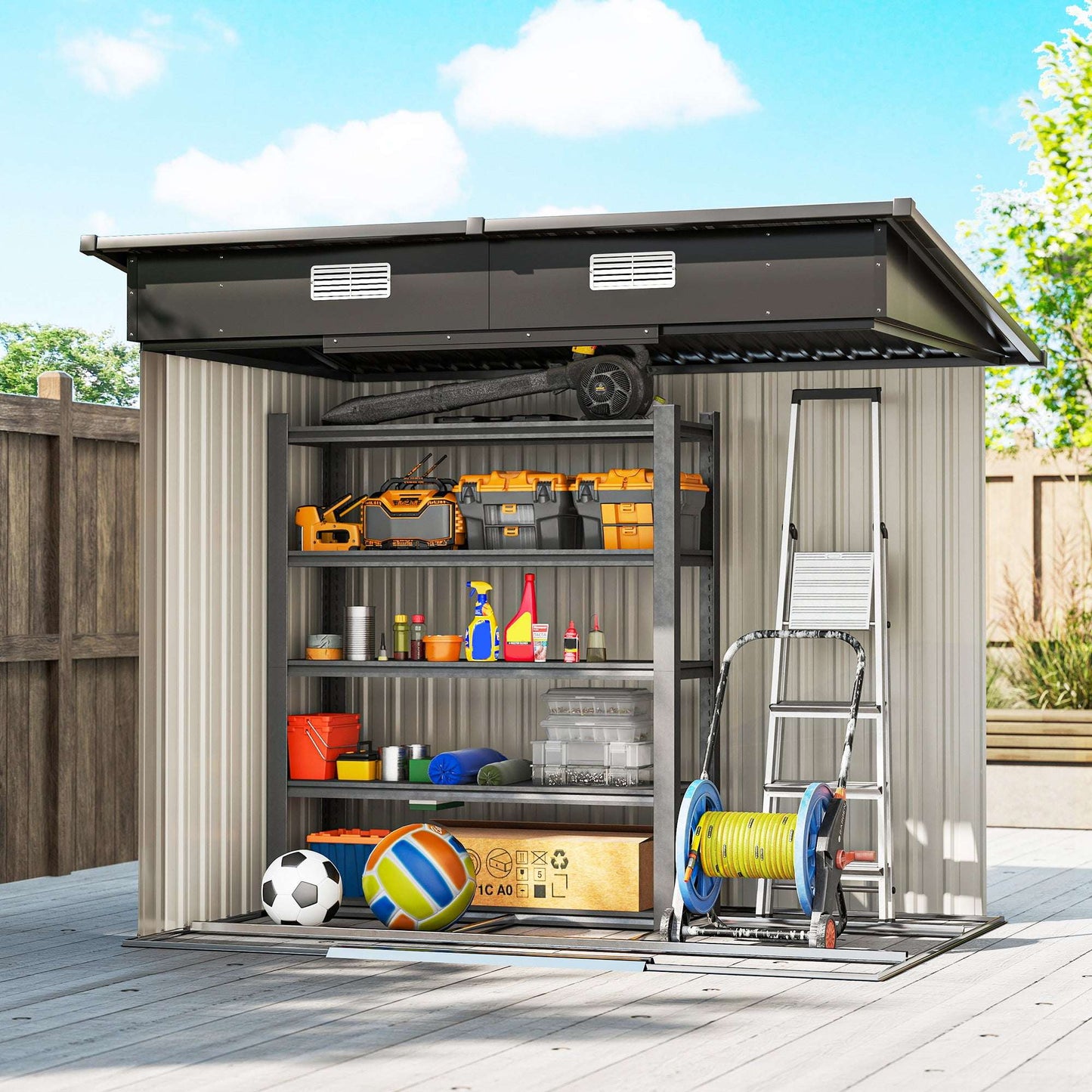 7x4ft Lean-To Metal Garden Shed | Corrugated Galvanised Steel | Sloped Roof | Sliding Door | 2 Front Vents | Foundation Kit Included | 203x130x182cm | Light Grey
