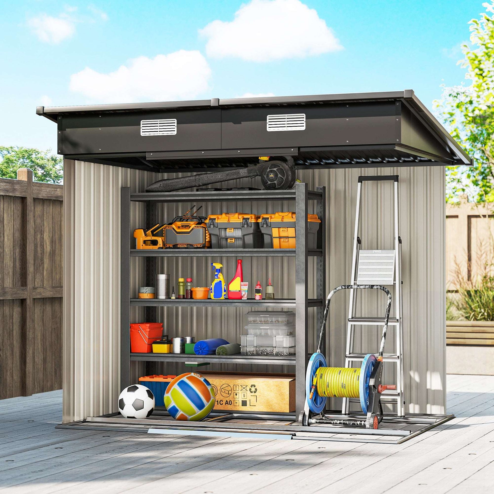 7x4ft Lean-To Metal Garden Shed | Corrugated Galvanised Steel | Sloped Roof | Sliding Door | 2 Front Vents | Foundation Kit Included | 203x130x182cm | Light Grey