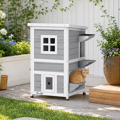 2-Floor Wooden Outdoor Cat House | Fir Wood | Water-Resistant Paint | Elevated Base | Jump Platforms | 3 Doors & Windows | Openable Roof | Litter Tray Space | Max 5kg Per Cat | 51x51x81.3cm | Grey