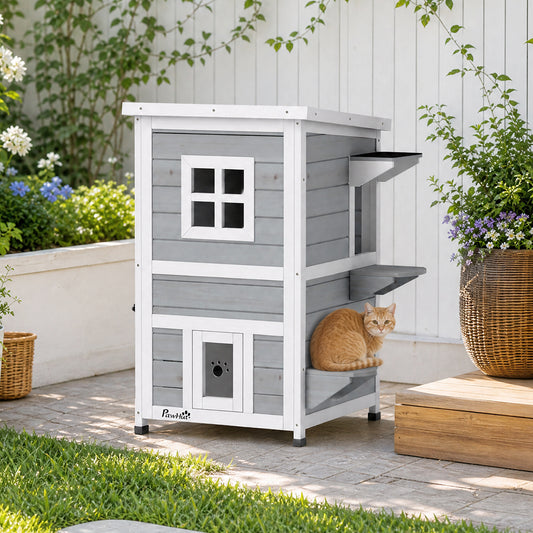 2-Floor Wooden Outdoor Cat House | Fir Wood | Water-Resistant Paint | Elevated Base | Jump Platforms | 3 Doors & Windows | Openable Roof | Litter Tray Space | Max 5kg Per Cat | 51x51x81.3cm | Grey