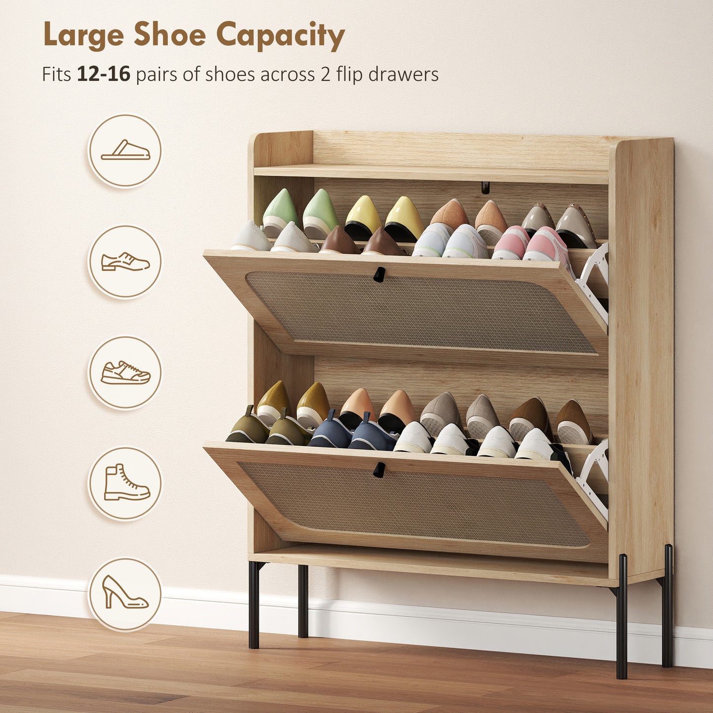 Boho Narrow Shoe Cabinet | 2 Flip Drawers | Rattan Fronts | 12-16 Pairs | Adjustable Shelves | Anti-Tip Hardware | Melamine Coating | 40kg Capacity | 80x23.7x99.5cm | Oak