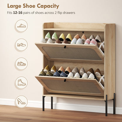 Boho Narrow Shoe Cabinet | 2 Flip Drawers | Rattan Fronts | 12-16 Pairs | Adjustable Shelves | Anti-Tip Hardware | Melamine Coating | 40kg Capacity | 80x23.7x99.5cm | Oak