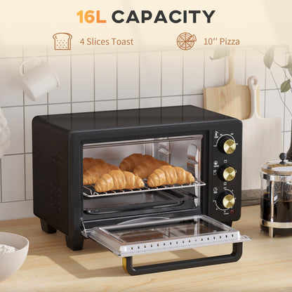 Mini Oven, 16L Countertop Electric Grill, Toaster With Adjustable Temperature, 60 Min Timer, Crumb Tray, Wire Rack, Tray Handle, 1400W, Black