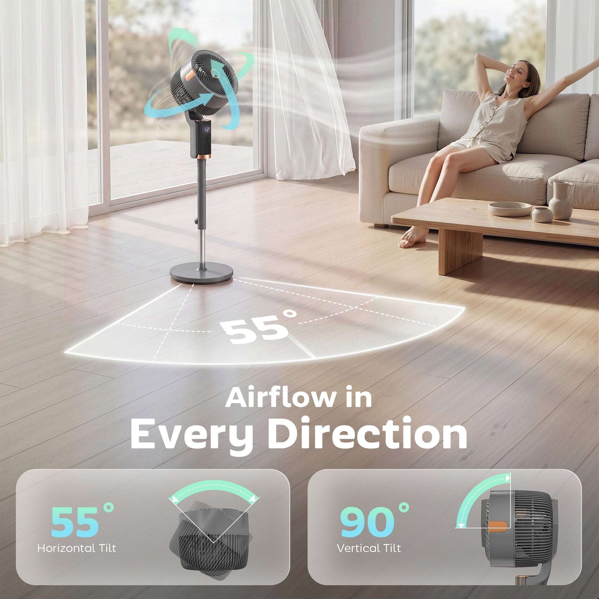 Pedestal Standing Fan | 20dB Sleep Mode | 8 Speeds | 9.5m³/min Airflow | 3D Oscillation | Aromatherapy Pad | Blue Mood Light | Detachable Grill | 5m Remote | 12H Timer | 50W | 110cm | Grey