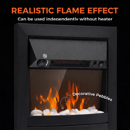 Electric Fireplace | 1000W/2000W Freestanding & Inset Fire | LED Flame & White Pebbles | Adjustable Thermostat | Black or Gold