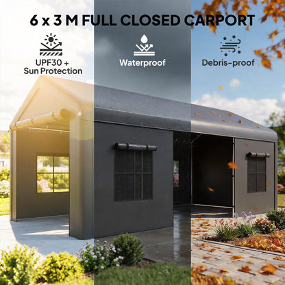 3x6m Heavy Duty Carport | Portable Garage | UPF30+ PE Cover | Galvanised Frame | Zipped Doors | Mesh Windows | Wind Level 5-6 | Dark Grey