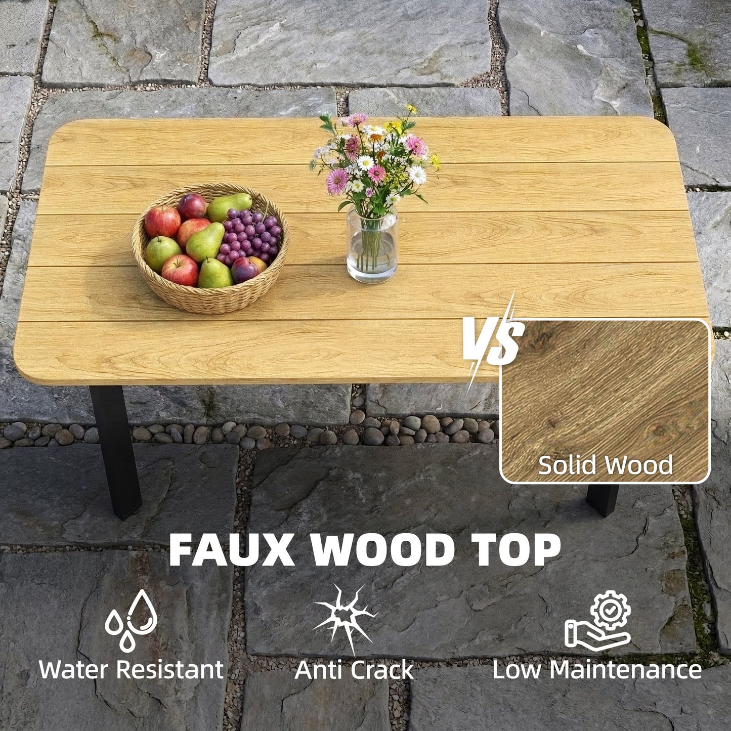 Outdoor Garden Coffee Table | Slatted WPC Top | Powder-Coated Frame | Adjustable Feet | 50kg | 90x49x40cm | Brown