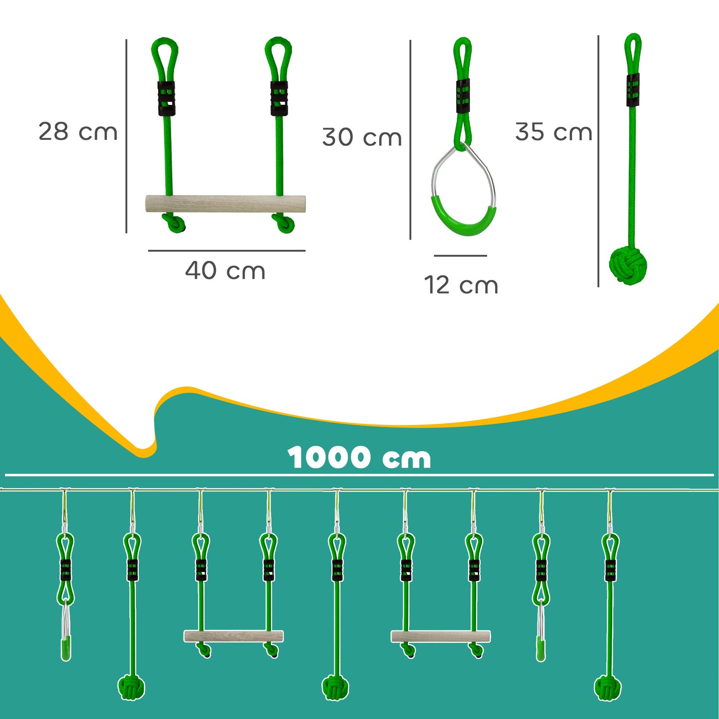AIYAPLAY 3 Piece Kids Zip Line Kit for Garden, 10m Kids Slackline Kit with Wooden Monkey Bars, Metal Rings, Gripping Balls, Green